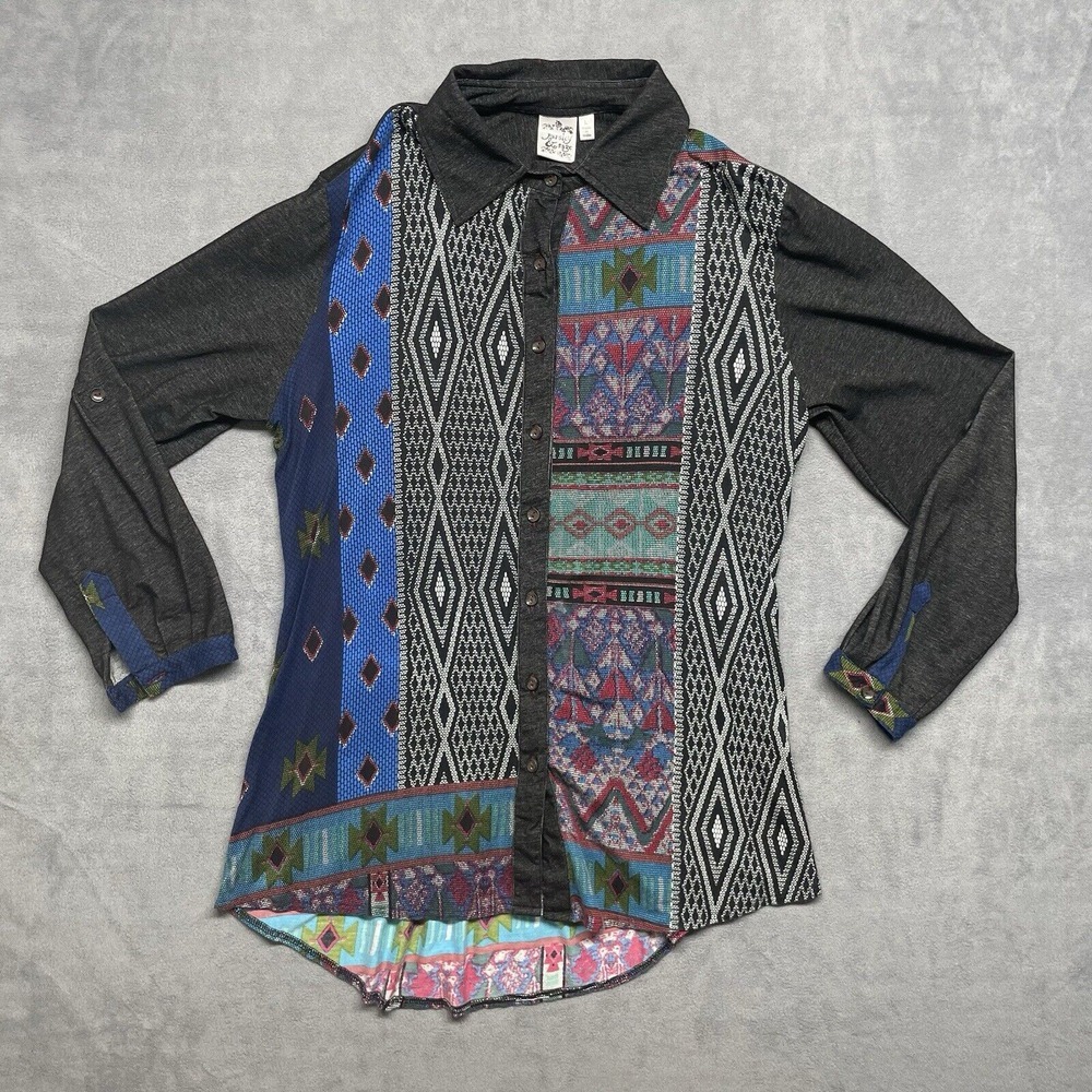 Woman's Parsley & Sage Large Button Down Colorful Rayon Light Weight Aztec Color